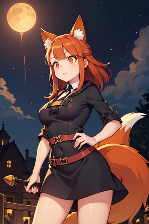 An orange haired female witch with copper eyes and hourglass figure with orange fox ears and an orange fox tail in a conservative lolita witch dress is practicing magic at night
