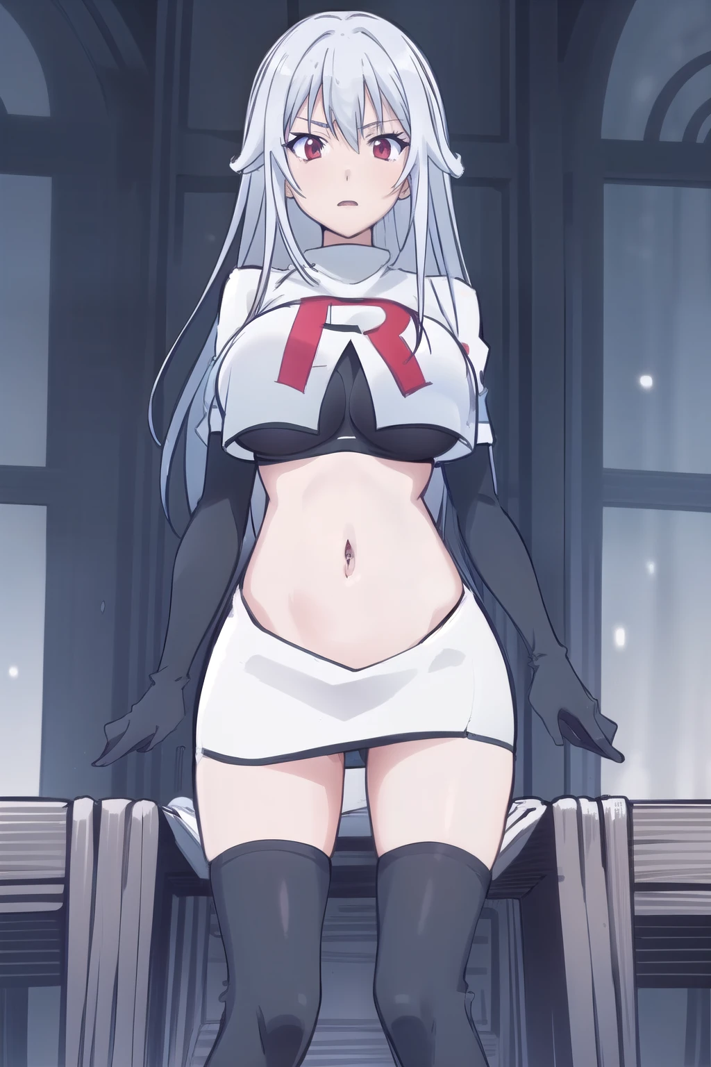 (masterpiece, best quality:1.2),illustration,8k,hd,1girl,solo,very_long_hair,large_breasts,red_eyes,white_hair,zettai_ryouiki,team rocket,team rocket uniform,white skirt,red letter R,crop top,black thigh-highs,black elbow gloves