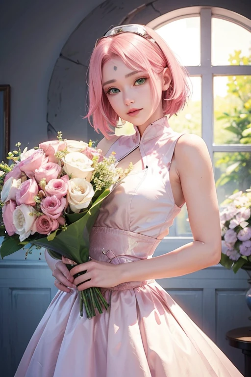 young woman, short shoulder-length pink hair, wide forehead, porcelain skin, pink eyebrows, big emerald green eyes, oned nose, full lips, heart-shaped face, slender body, small bread tank top, Sakura Haruno , realistic, realism, details, 3d, well detailed
