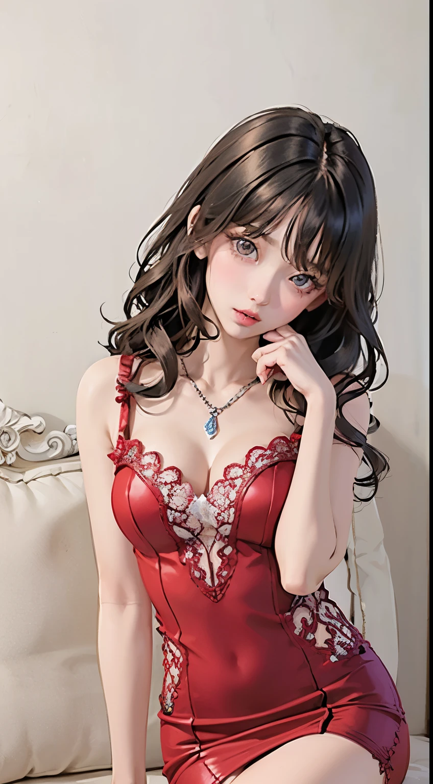 8k, masterpiece, 1 girl, beautiful face,最高品質のAn illustration、An illustration、anime woman、No exposure、Non-rev�ve clothing、japanese woman、small breasts、 white skin, very long hair, light makeup, detailed eyes,cabaray, detailed lips, small breasts tight, realistic detailed, very detailed dress, princess dress, (red dress:1.2), (wearing jewellery:1.5), (lace:1.4), long curly hair、Bad Girl、Dark、wet lips、cabaret woman、sitting on the sofa、gorgeous、A confident look