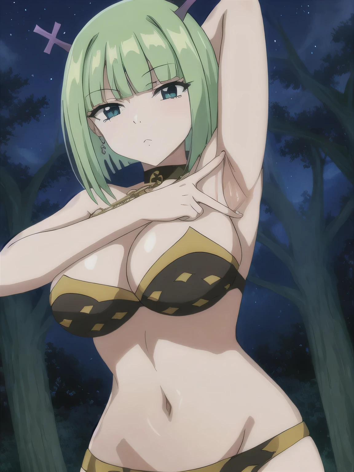 brandish, 1girl, solo, looking at viewer, cleavage, collar, chain, anime coloring, solo, upper body, night sky, forest, arms behind head, contrapposto, spread armpits, closed mouth, best quality, expressionless,