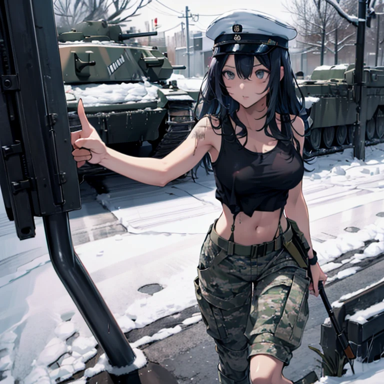 A female soldier, (in snow storm), tank top, beautiful leg, midriff, camouflage military trousers, showings off armpits, seducing, bdsm, dirty, pov grabbing breast