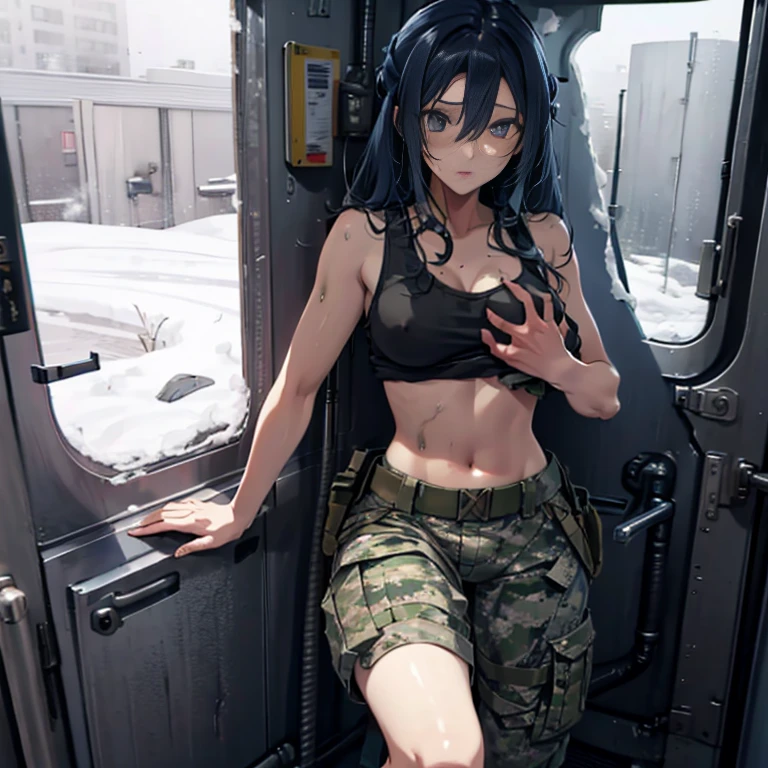 A female soldier, (in snow storm), tank top, beautiful leg, midriff, camouflage military trousers, showings off armpits, seducing, bdsm, dirty, pov grabbing breast
