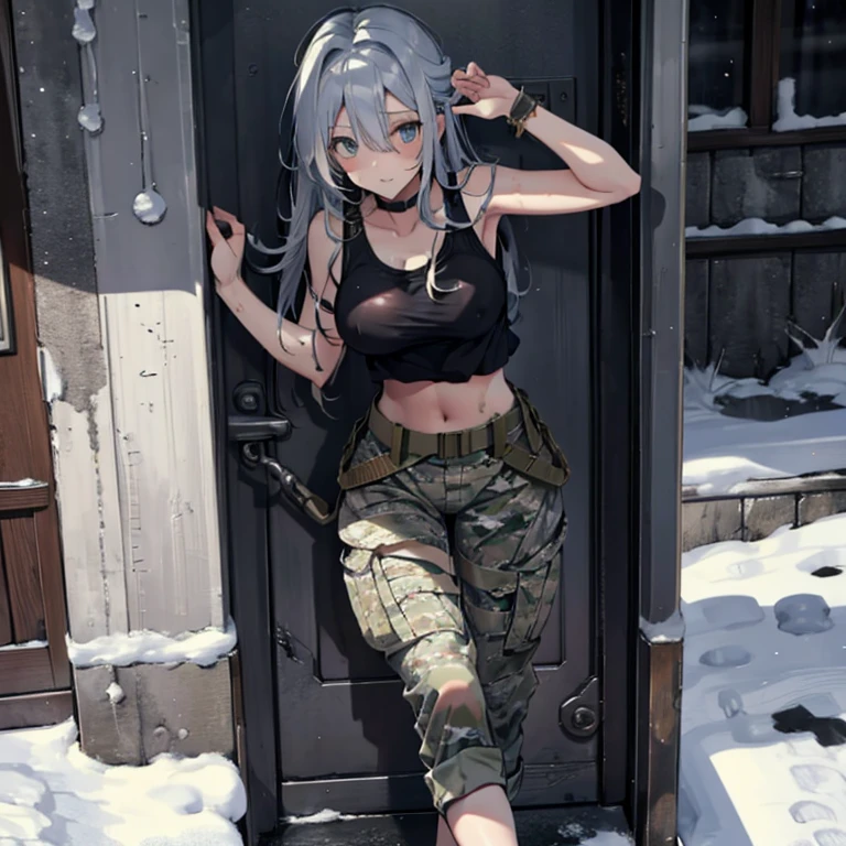 A  female soldier, (in snow storm), tank top, beautiful leg, midriff, camouflage military trousers, showings off armpits, seducing, bdsm, dirty, pov grabbing breast