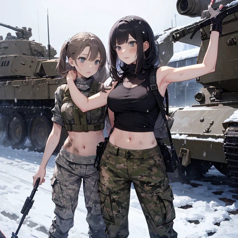 A group of  female soldiers, (in snow storm), various hair styles, tank top, harem, beautiful leg, midriff, camouflage military trousers, showings off armpits, seducing, bdsm, dirty