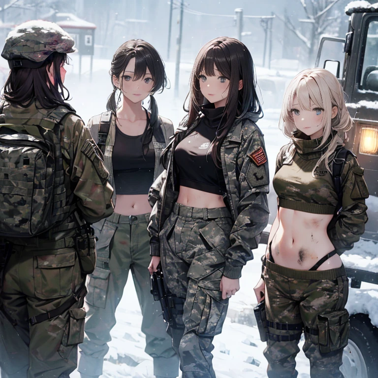 A group of female soldiers, (in snow storm), various hair styles, tank top, harem, beautiful leg, midriff, camouflage military trousers, showings off armpits, seducing, bdsm, dirty