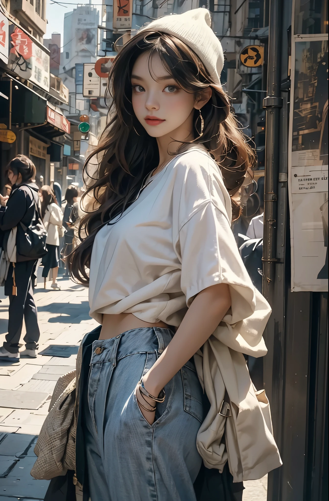 Photo of a beautiful woman standing on a street corner, Perfect model body shape, Stylish pants style, colorful purple shirt, Stylish hats, very stylish, Casual fashion guide, with influence of Jeremy Mann, Jeremy Mann, style of Jeremy Mann, Jeremy Mann painting, Jeremy Mann art, Ron Hicks, Liepke, Jeremy Mann and alphonse mucha, Works that influenced Edmund Blampid, robert lenkiewicz, Casey Bo and James Jean, Works that influenced Willem Kalf, Nick Alm, tumbler, figurative art, intense watercolor, watercolor detailed art,Beautiful and expressive paintings, Beautiful artwork illustration, wonderful, cool beauty, masterpiece, highest quality, official art, perfect composition, perfect angle, best shot, The perfect subject, women only, sharp outline, romantic, Moody, very beautiful and detailed eyes, beautiful and delicate eyes, ideal animation, sentimental,Hongkong, close