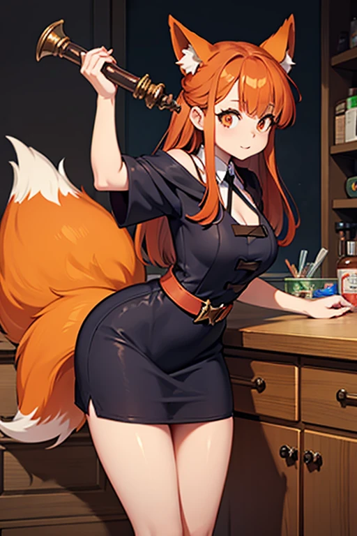 An orange haired female witch with copper eyes and hourglass figure with orange fox ears and an orange fox tail in a conservative lolita witch dress is making medicine