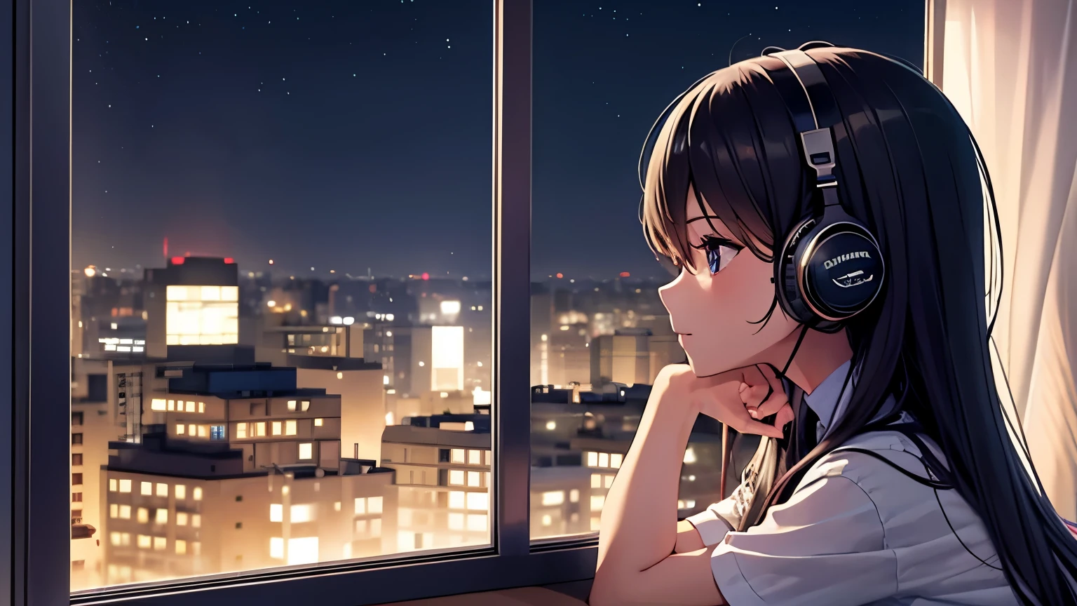 A beautiful girl studying while listening to music in her room　The view outside the window is the night view