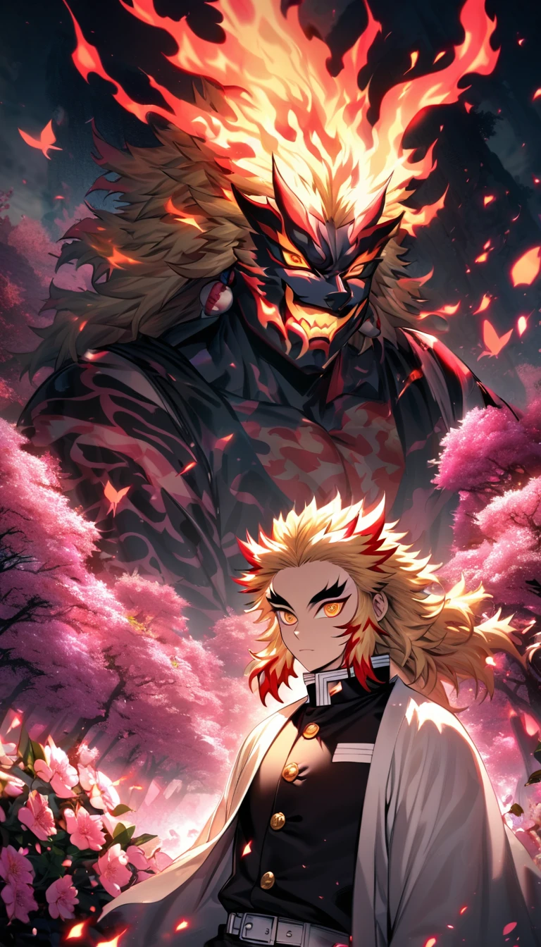 Ultra detailed, Highres, absurdres, HDR, Rengoku, blonde hair with red strikes, golden eyes, Kimetsu No Yaiba, white haori with flames patterns, black demon corps uniform, flames around his body, pink flowers, butterflies, pink forest, 1 man only, handsome, fire flowers