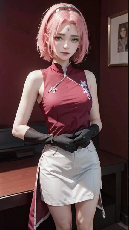 young woman, short shoulder-length pink hair, wide forehead, porcelain skin, pink eyebrows, big emerald green eyes, buttoned nose, full lips, heart-shaped face, slender body, small breasts, red tank top, Sakura Haruno , realistic, realism, details, 3d, well detailed