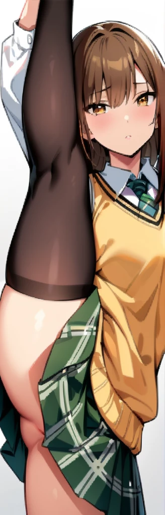 (masterpiece, highest quality:1.2), 1 girl, alone,Are standing_Split,
food yuuki, brown eyes, brown hair, hair ornaments,long hair,green plaid skirt, Sainan High , , white shirt, Yellow sweater vest,No panties