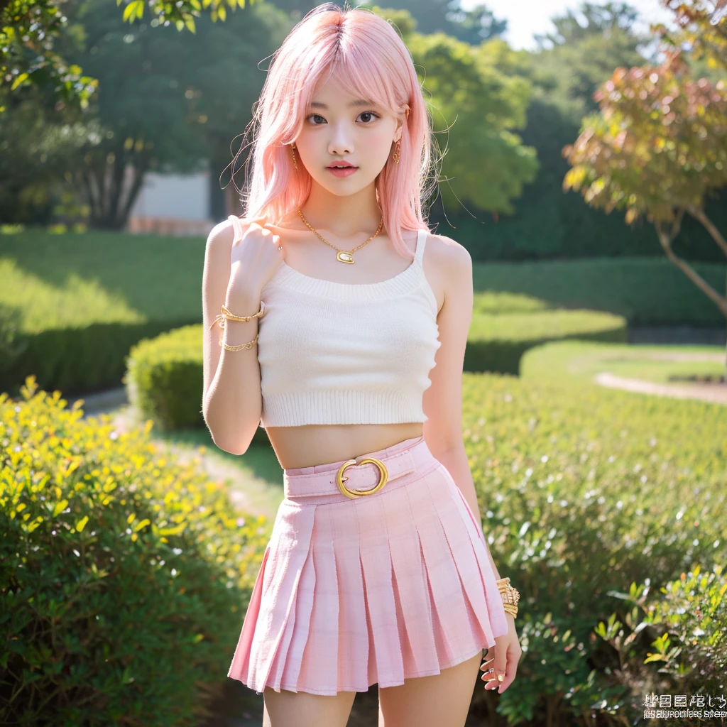 (high quality, super high detail, pink JK skirt, (shoulder-length hair), (slim, delicate facial features, wearing fashionable clothes, holding a beautiful bag, wearing exquisite jewelry): 0.9), (dynamic pose, proper proportions, very temperamental, long legs high and cold, delicate and realistic portrait, delicate three-dimensional silhouette, background park, depth of field, ultra-realistic skin details), (long eyelashes, smile, shallow dimples, big watery eyes crystal clear, slender legs): 0.8