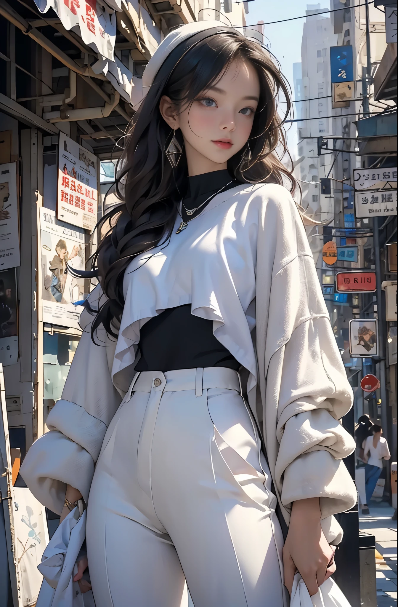 Photo of a beautiful woman standing on a street corner, Perfect model body shape, Stylish pants style, colorful purple shirt, Stylish hats, very stylish, Mode fashion model, with influence of Jeremy Mann, Jeremy Mann, style of Jeremy Mann, Jeremy Mann painting, Jeremy Mann art, Ron Hicks, Liepke, Jeremy Mann and alphonse mucha, Works that influenced Edmund Blampid, robert lenkiewicz, Casey Bo and James Jean, Works that influenced Willem Kalf, Nick Alm, tumbler, figurative art, intense watercolor, watercolor detailed art,Beautiful and expressive paintings, Beautiful artwork illustration, wonderful, cool beauty, masterpiece, highest quality, official art, perfect composition, perfect angle, best shot, The perfect subject, women only, sharp outline, romantic, Moody, very beautiful and detailed eyes, beautiful and delicate eyes, ideal animation, sentimental,Hongkong, close