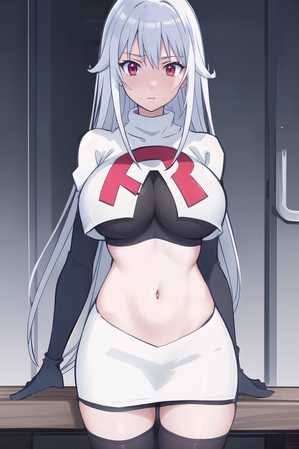 (masterpiece, best quality:1.2),illustration,8k,hd,1girl,solo,very_long_hair,large_breasts,red_eyes,white_hair,zettai_ryouiki,team rocket,team rocket uniform,white skirt,red letter R,crop top,black thigh-highs,black elbow gloves
