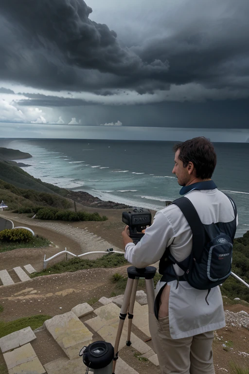 Un ingeniero, viendo por un equipo de topografia, on a mountain on a stormy day by the sea