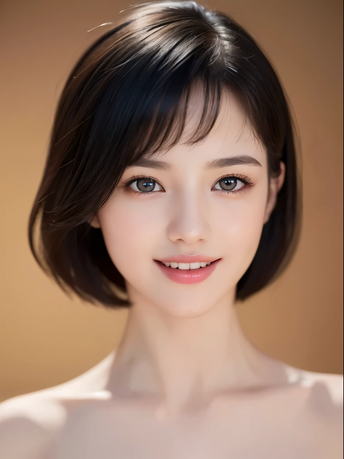 (masterpiece:1.3), (8K, realistic, Raw photo, highest quality: 1.4), (1 girl), beautiful face, (realistic face), (black hair, short hair:1.3), beautiful hairstyle, realistic eyes, detailed and beautiful eyes, (realistic skin), beautiful skin, (((nude))), Charm, ultra high resolution, surreal, very detailed, golden ratio、(full body shot:1.5)、smile