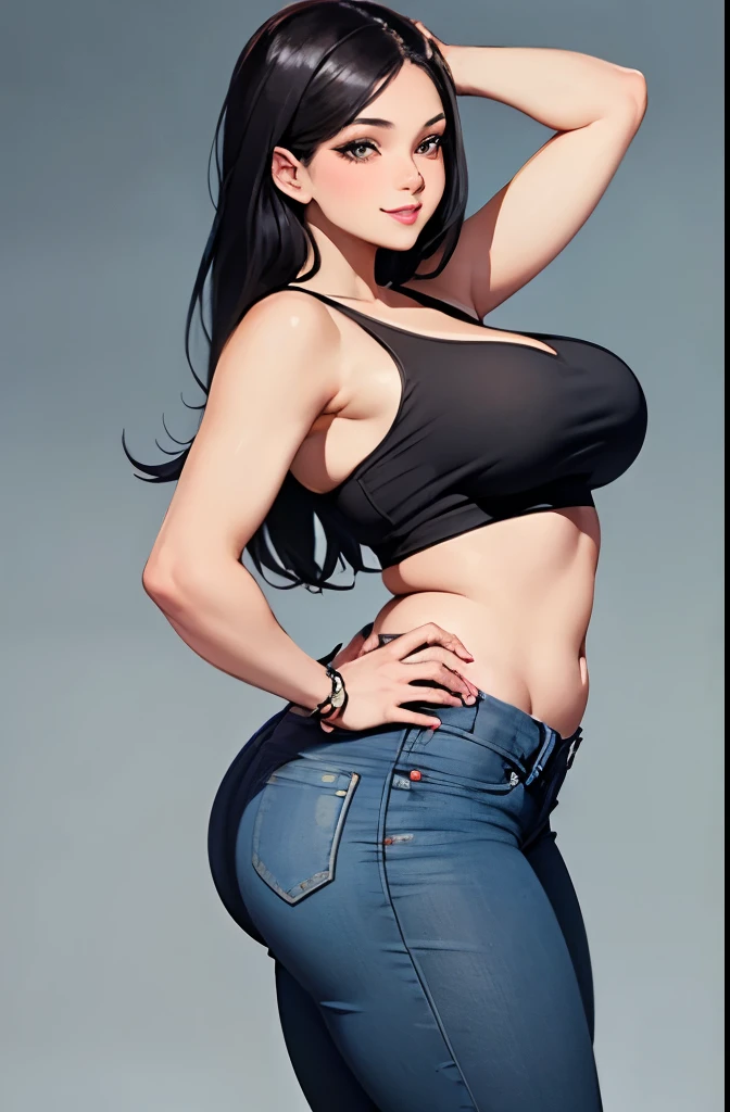 (best quality, masterpiece:1.2), Sketch full view of a hot looking fair skin 29 year old woman standing in front of us. She has brown eyes and long straight black hair. She has big breasts, playful smile. She has a nice curvy physique. She is wearing a crop top and lowrider jeans. Apartment background. Shading. Lighting. Dynamic pose.