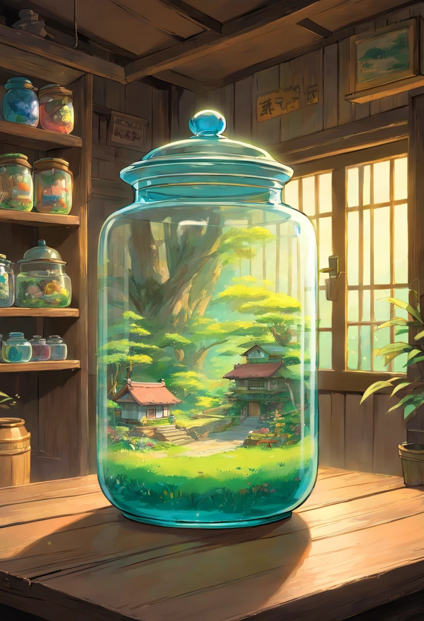 a glass jar,There is a hut inside