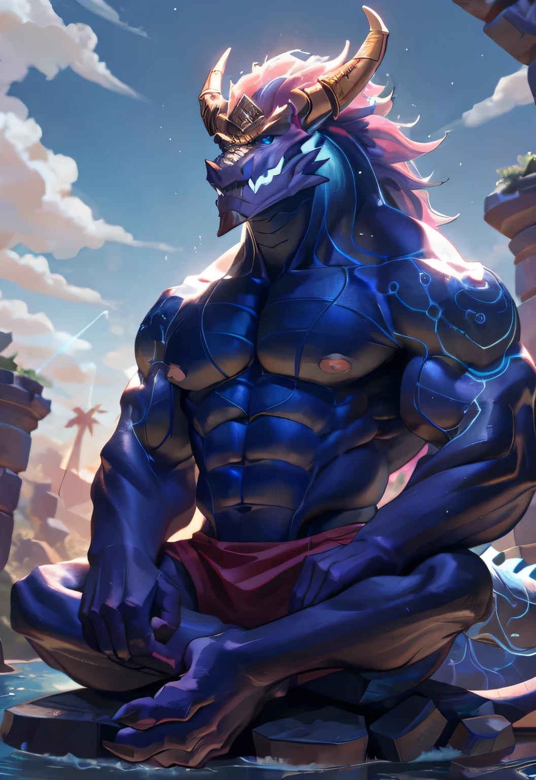 dragon,alone,paw,teeth,crawler,chest muscles, peak, teethAdult,alone,dragon tail,sit down,meditate,4K,best quality,HD,whole body,paw,naked,looking at the audience,chest muscles, pink nipples, Six-pack abs,biceps,pride,soft shadow,majestic,Detailed face,HD eyes,keen vision,eyes sparkling,Gorgeous,brave,confident smile,Strong,Mature,wilderness,ruins,river,Blue sky and white clouds,The sun shines，