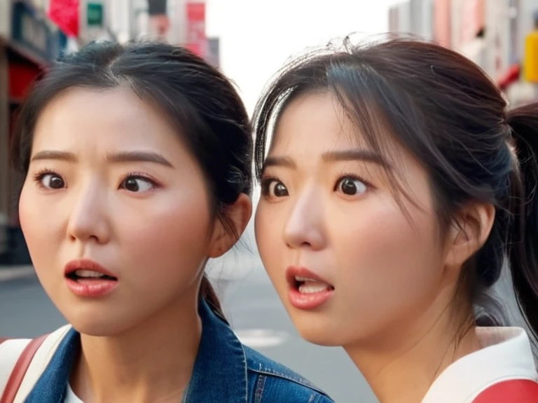 (high resolution, ultra-detailed, photorealistic), sjang and her identical twin bumping into each other for the first time, encounter, first time meeting, unexpected, surprised, amazed, strolling, realistic faces, realistic expression, urban background