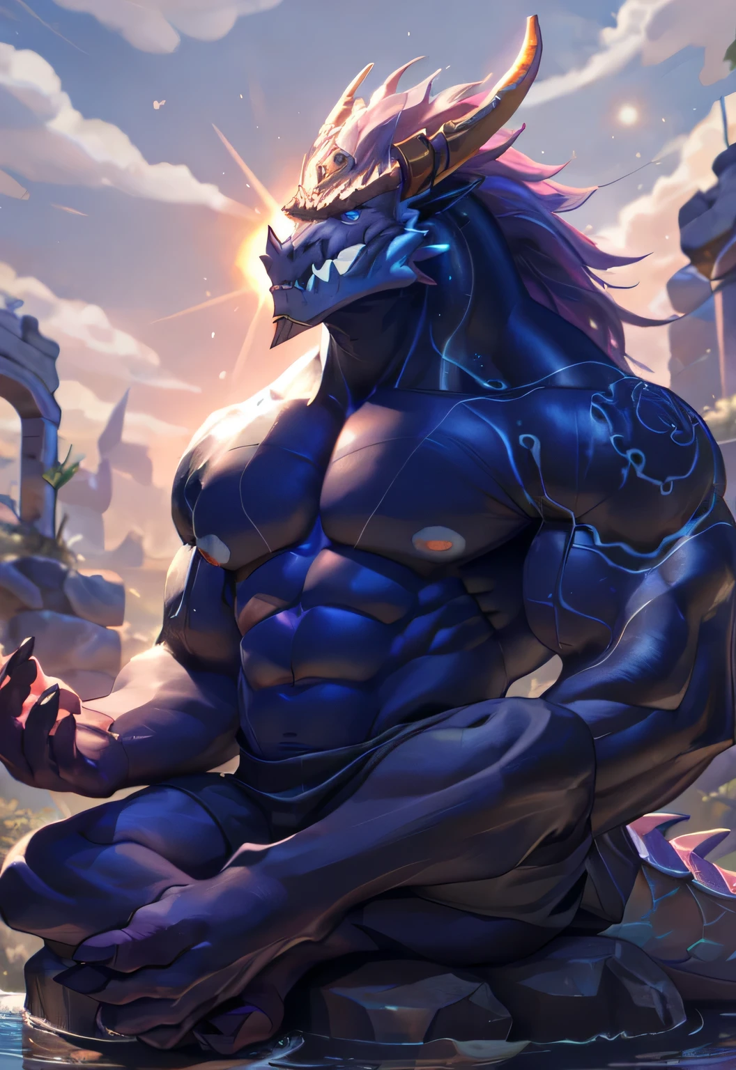 dragon,alone,paw,teeth,crawler,chest muscles, peak, teethAdult,alone,dragon tail,sit down,meditate,4K,best quality,HD,whole body,paw,naked,looking at the audience,chest muscles, pink nipples, Six-pack abs,biceps,pride,soft shadow,majestic,Detailed face,HD eyes,keen vision,eyes sparkling,Gorgeous,brave,confident smile,Strong,Mature,wilderness,ruins,river,Blue sky and white clouds,The sun shines,