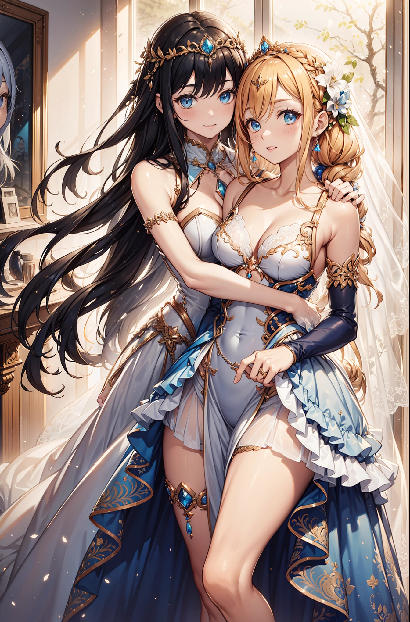 ((highest quality、High resolution))、Portrait、A beautiful woman、Perfect body、Beautiful ample breasts、Long blonde、bangs、Blue and white、Embellished blue sexy dress、skirt、Sexually excited facial expression、Love juice、No panties、((Two beauties showing their pussies))、I'm inviting you to have sex、Outdoor Scenery