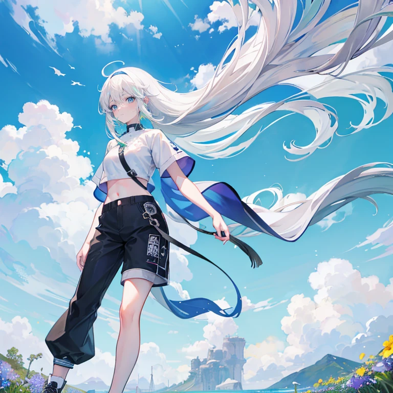 white hair,long hair,Bangs,Bangs整齐,green hair band,gray eyes,cute,girl,Short sleeves with open shoulders,boot cut pant,navel-baring outfit,Wearing sneakers,whole body,stand on the ground,Does not expose fingers,The background is a blue sea of flowers,Blue sky and white clouds
