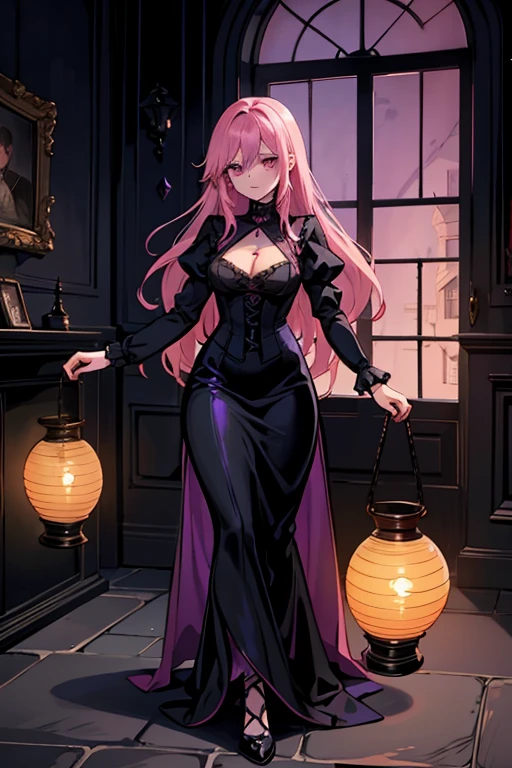 A pink haired woman with violet eyes and an hourglass figure in a black Victorian gown is walking through a haunted house with a lantern