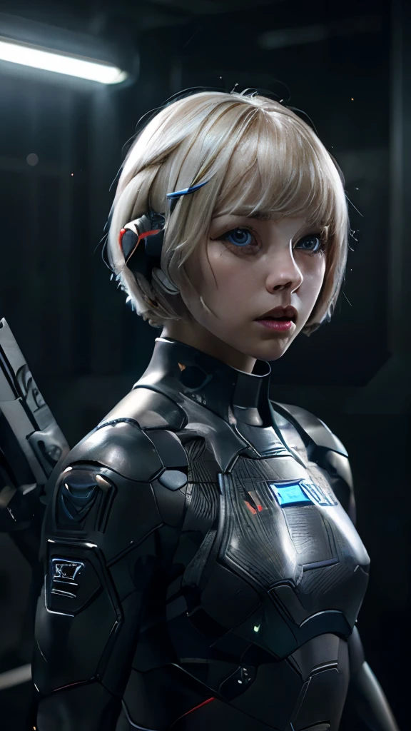 A short straight blonde haired british girl, bang, bob cut, blue eyes, , young, pale skin, frightened, insecure expression, Ultra high res, uhd, (photorealistic:1.4), doll-like face, outdoor, futuristic environment, she is a  futuristic lethal enforcer, carrying a laser gun