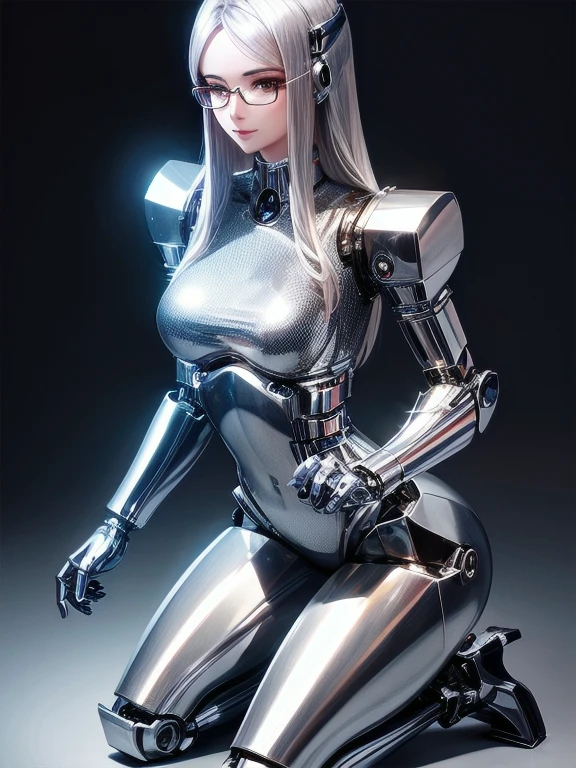 5 8K UHD, 
Beautiful mechanical woman with glasses and silver metallic body kneeling,
 A silver metal robot with shiny skin,
The face is a beautiful human face
