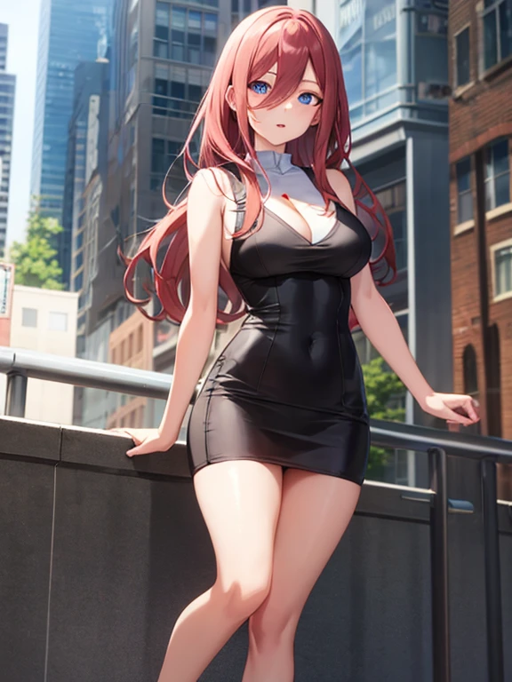 -Miku-season2,long hair,anime coloring,anime screen capture, sleeveless sweater, cleavage, micro skirt,whole body,beautiful toned legs,large breasts,downtown,masterpiece,best quality,super fine illustration,shiny skin,detailed skin,detailed face,detailed eyes,an extremely cute and beautiful