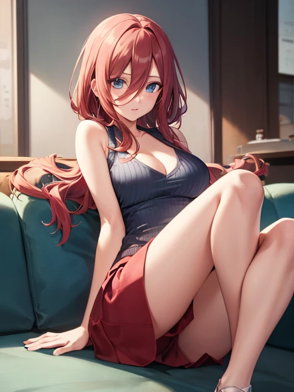 -Miku-season2,long hair,anime coloring,anime screen capture, sleeveless sweater, cleavage, micro skirt,whole body,beautiful toned legs,large breasts,downtown,masterpiece,best quality,super fine illustration,shiny skin,detailed skin,detailed face,detailed eyes,an extremely cute and beautiful