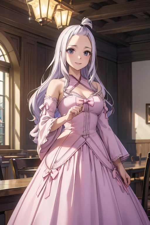 (best quality,4k,8k,highres,masterpiece:1.2),ultra-detailed,realistic,photorealistic:1.37, Mirajane Strauss, with a beautiful smile, wearing a 2-in-1 bell sleeve chadres dress 