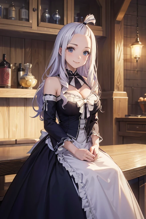 (best quality,4k,8k,highres,masterpiece:1.2),ultra-detailed,realistic,photorealistic:1.37, Mirajane Strauss, with a beautiful smile, wearing a 2-in-1 bell sleeve chadres dress 