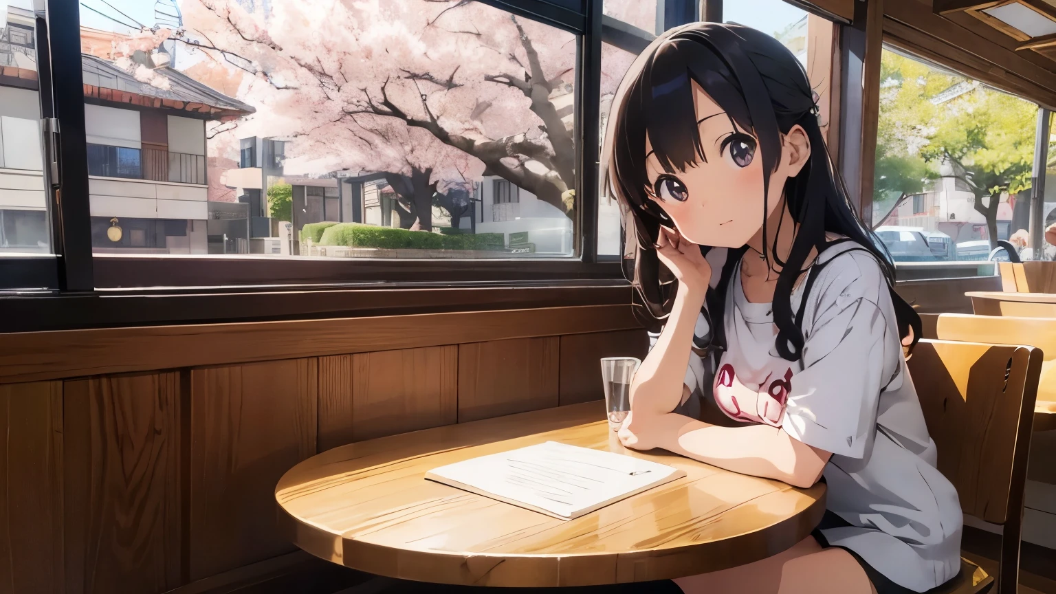 Ghibli anime style girl studying in a cafe with a cat、The cherry blossoms are blooming outside、refreshing morning