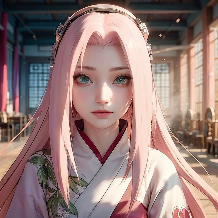 young woman, short shoulder-length pink hair, wide forehead, porcelain skin, pink eyebrows, big emerald green eyes, buttoned nose, full lips, heart-shaped face, slender body, small breasts, red tank top, Sakura Haruno , realistic, realism, details, 3d, well detailed
