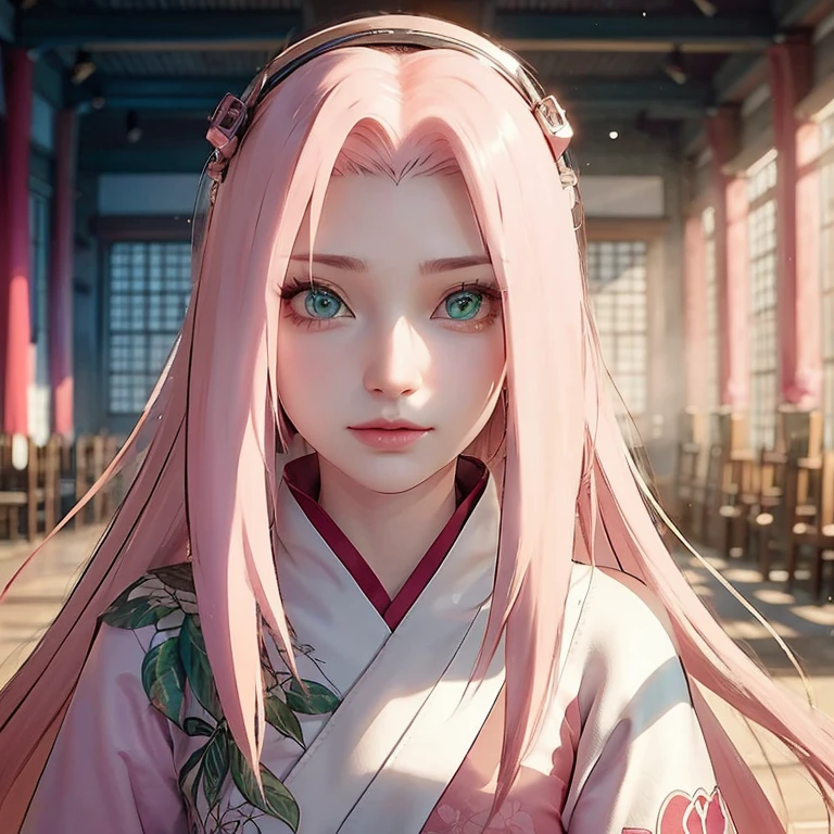 young woman, short shoulder-length pink hair, wide forehead, porcelain skin, pink eyebrows, big emerald green eyes, buttoned nose, full lips, heart-shaped face, slender body, small breasts, red tank top, Sakura Haruno , realistic, realism, details, 3d, well detailed