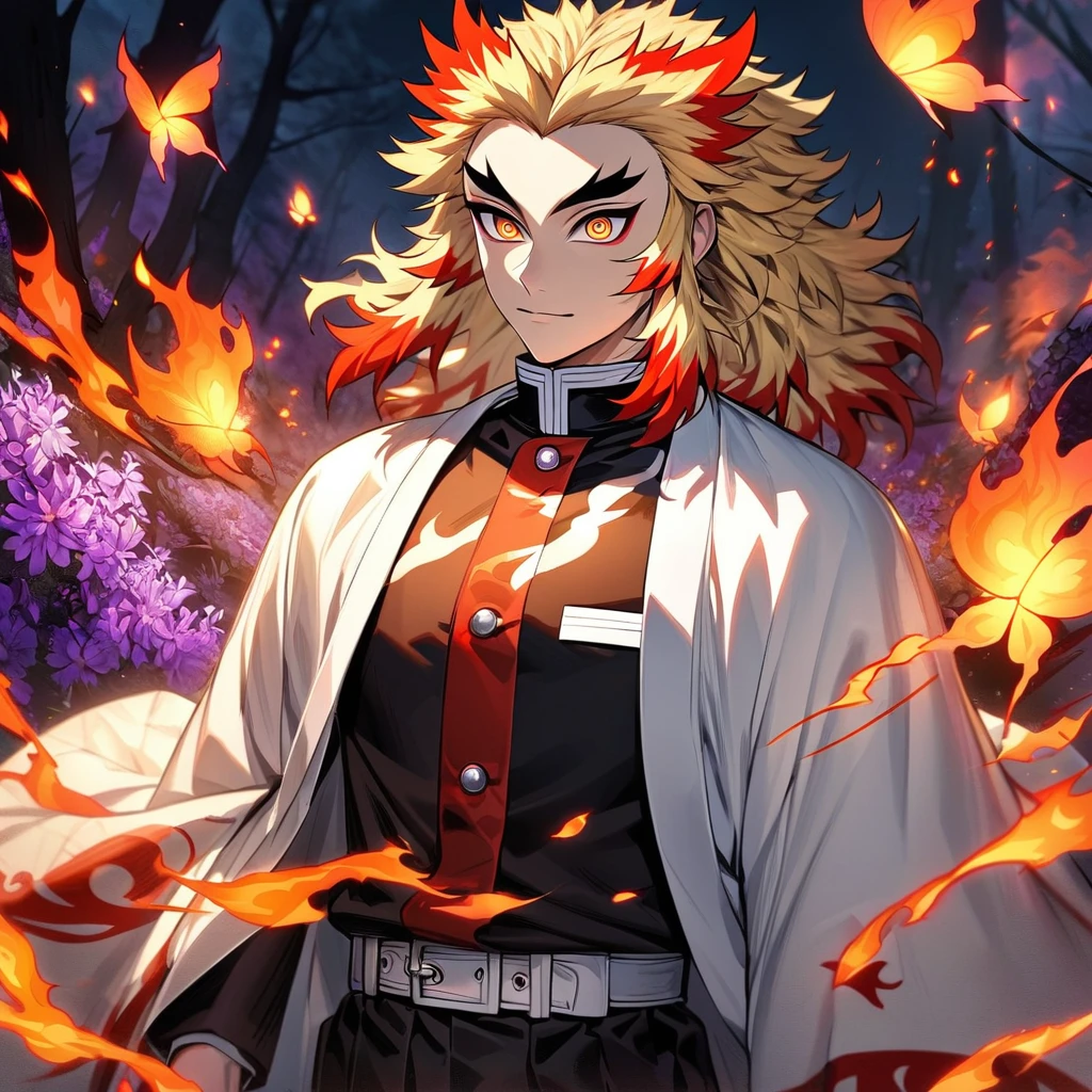 Ultra detailed, Highres, absurdres, HDR, Rengoku, blonde hair with red strikes, golden eyes, Kimetsu No Yaiba, white haori with flames patterns, black demon corps uniform, flames around his body, fire flowers, butterflies, purple forest, 1 man only, handsome, fire flowers