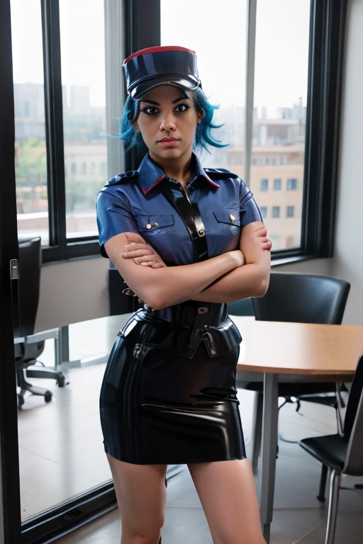 jenny, blue hair, brown eyes,hat, police uniform, skirt, flats, looking at viewer, serious, standing, arms crossed, inside office, desk, window, cityscape, high quality, masterpiece, 