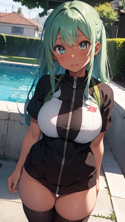 mastute piece,Best Quality,insanely detailed,8k cg,nsfw,
shoot upper body,(shoot from front:1.4),(1girl:1.2),standing,(sunburn mark:1.1),(dark skin:1.2),(naked),BREAK,blush,shy,ecstasy face,gasping,(trembling:1.2),(light green hair),break,open mouth,poolside,