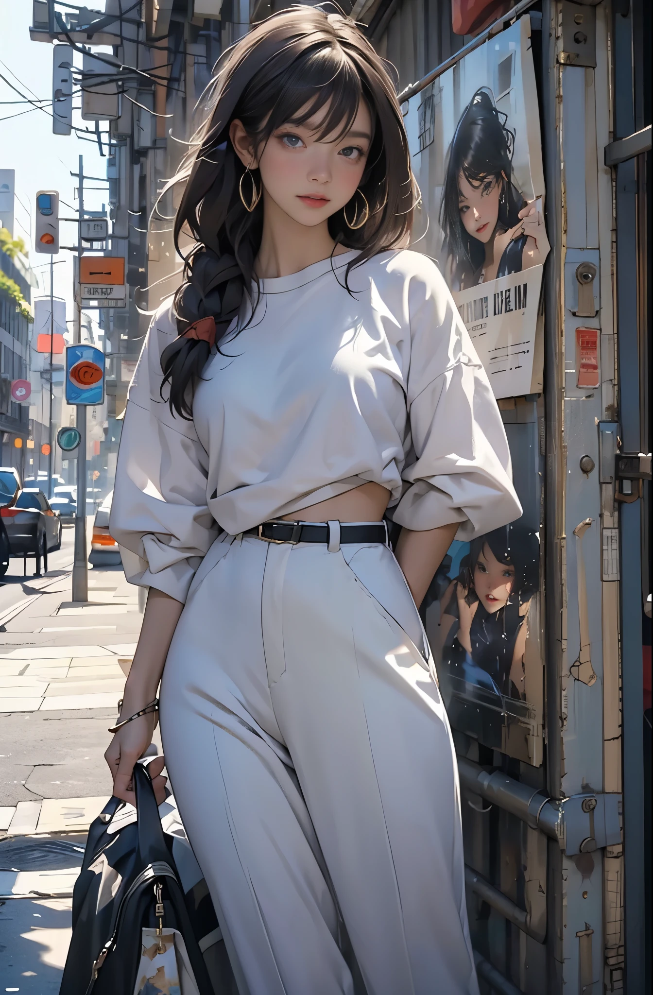 Photo of a beautiful woman standing on a street corner, Perfect model body shape, Stylish pants style, colorful purple shirt, Stylish hats, very stylish, Mode fashion model, with influence of Jeremy Mann, Jeremy Mann, style of Jeremy Mann, Jeremy Mann painting, Jeremy Mann art, Ron Hicks, Liepke, Jeremy Mann and alphonse mucha, Works that influenced Edmund Blampid, robert lenkiewicz, Casey Bo and James Jean, Works that influenced Willem Kalf, Nick Alm, tumbler, figurative art, intense watercolor, watercolor detailed art,Beautiful and expressive paintings, Beautiful artwork illustration, wonderful, cool beauty, masterpiece, highest quality, official art, perfect composition, perfect angle, best shot, The perfect subject, women only, sharp outline, romantic, Moody, very beautiful and detailed eyes, beautiful and delicate eyes, ideal animation, sentimental,Taipei, close