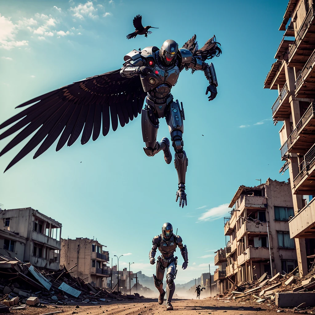 A battle cyborg with Crow theming strides through a ruined city