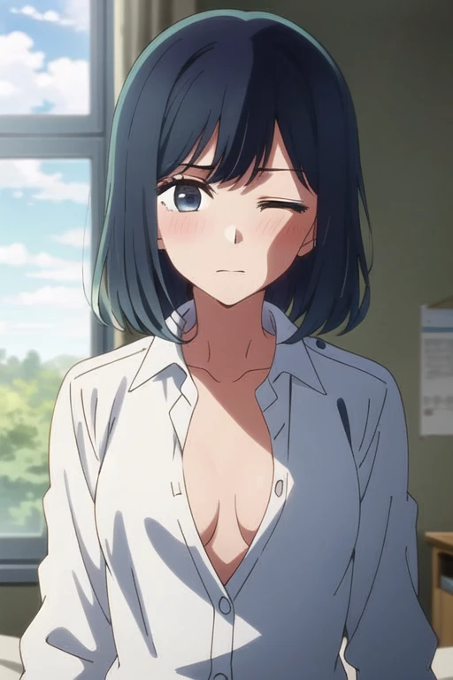 masterpiece, highest quality, , 1 girl, alone, looking at the viewer, Upper body, Depth of the bounds written, anime coloring book, , Kurokawa Akane, black hair, purple eyes, Blu-ray,(( (One eye closed:1.5),)),Lying in the classroom, troubled expression,((open your mouth)),Old open white shirt,exposed chest,Medium chest,((perfect nipples)),((lie in bed)),,blush,white lace panties,Perfect slim thighs