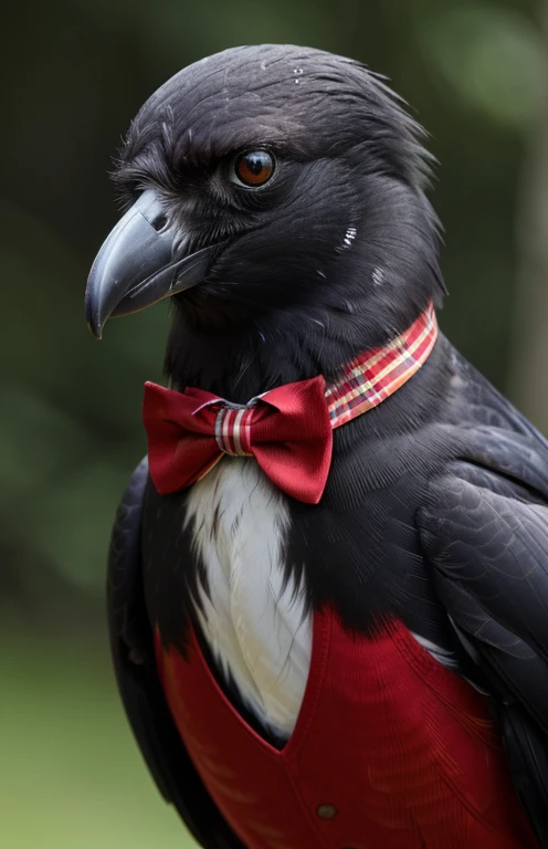 (best quality, 4k, 8k, highres, masterpiece:1.2), ultra-detailed, (realistic, photorealistic, photo-realistic:1.37), best quality, masterpiece, highres, Raw photo, Best Quality, master piece, high resolution, detailed, (Photorealsitic:1.4), A crow wearing a red bow tie, full body portrait