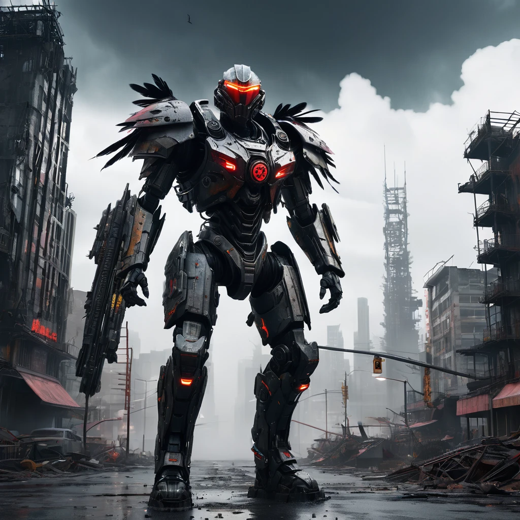 (highres:1.2),detailed battle cyborg,strides through ruined city with Crow theming,incredible attention to detail,metallic armor with intricate designs,glowing red eyes,feathers and wings on the back,sinister atmosphere,dark and desolate streets,destroyed skyscrapers in the background,mysterious fog,ominous shadows,contrast of vibrant city lights with the dystopian setting,post-apocalyptic ambiance,gritty and gritty textures,high-tech weapons and gadgets,mechanical limbs,sparks of electricity,fine reflection and shine on the armor,sharp and dramatic lighting effects,slightly desaturated color palette,expressive pose and dynamic movement,ominous clouds hanging in the sky.