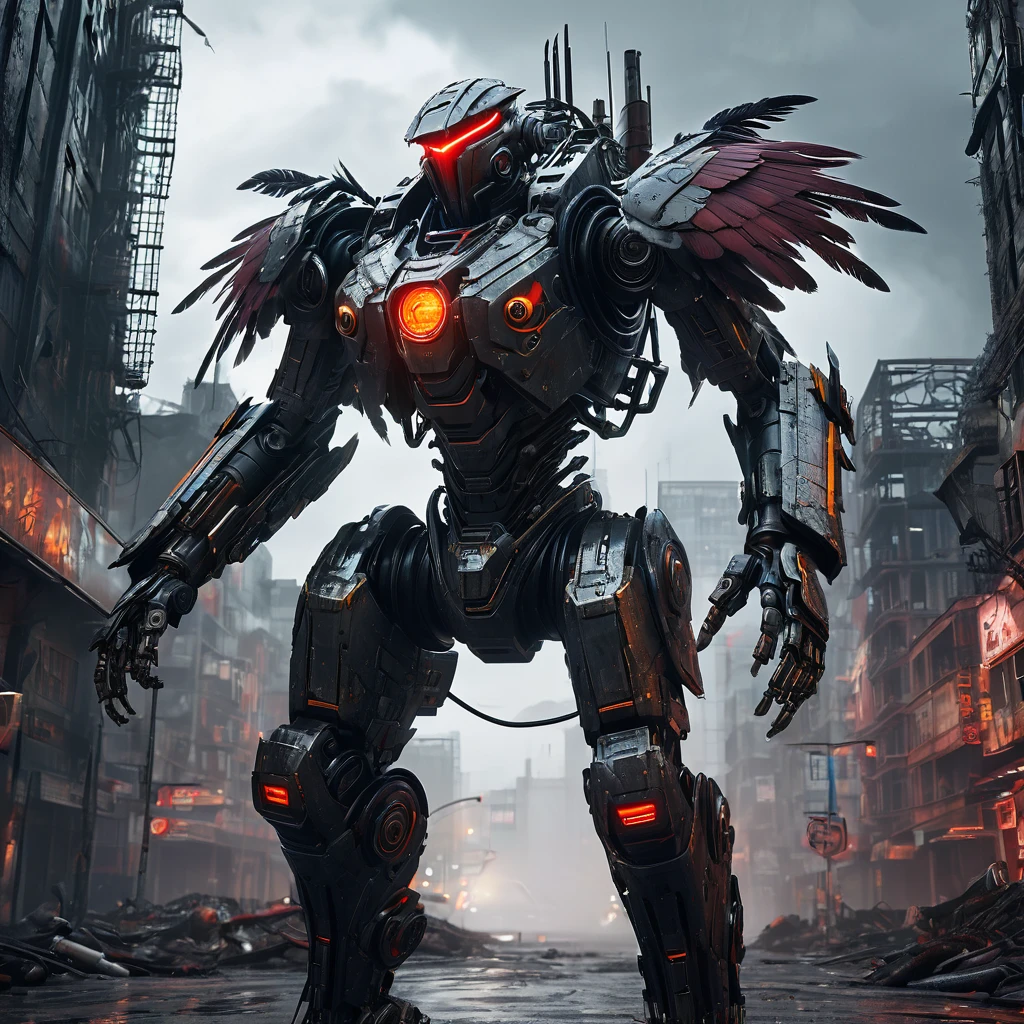 (highres:1.2),detailed battle cyborg,strides through ruined city with Crow theming,incredible attention to detail,metallic armor with intricate designs,glowing red eyes,feathers and wings on the back,sinister atmosphere,dark and desolate streets,destroyed skyscrapers in the background,mysterious fog,ominous shadows,contrast of vibrant city lights with the dystopian setting,post-apocalyptic ambiance,gritty and gritty textures,high-tech weapons and gadgets,mechanical limbs,sparks of electricity,fine reflection and shine on the armor,sharp and dramatic lighting effects,slightly desaturated color palette,expressive pose and dynamic movement,ominous clouds hanging in the sky.