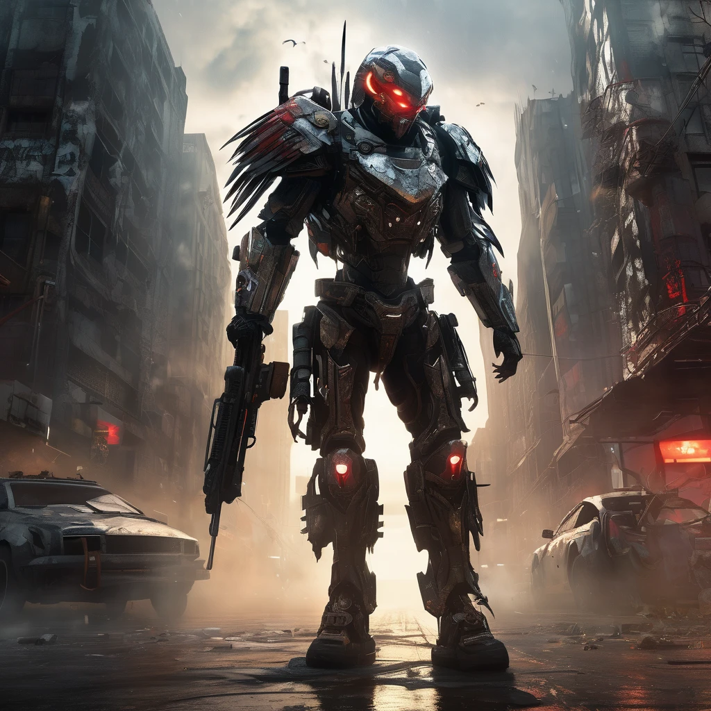 (highres:1.2),detailed battle cyborg,strides through ruined city with Crow theming,incredible attention to detail,metallic armor with intricate designs,glowing red eyes,feathers and wings on the back,sinister atmosphere,dark and desolate streets,destroyed skyscrapers in the background,mysterious fog,ominous shadows,contrast of vibrant city lights with the dystopian setting,post-apocalyptic ambiance,gritty and gritty textures,high-tech weapons and gadgets,mechanical limbs,sparks of electricity,fine reflection and shine on the armor,sharp and dramatic lighting effects,slightly desaturated color palette,expressive pose and dynamic movement,ominous clouds hanging in the sky.