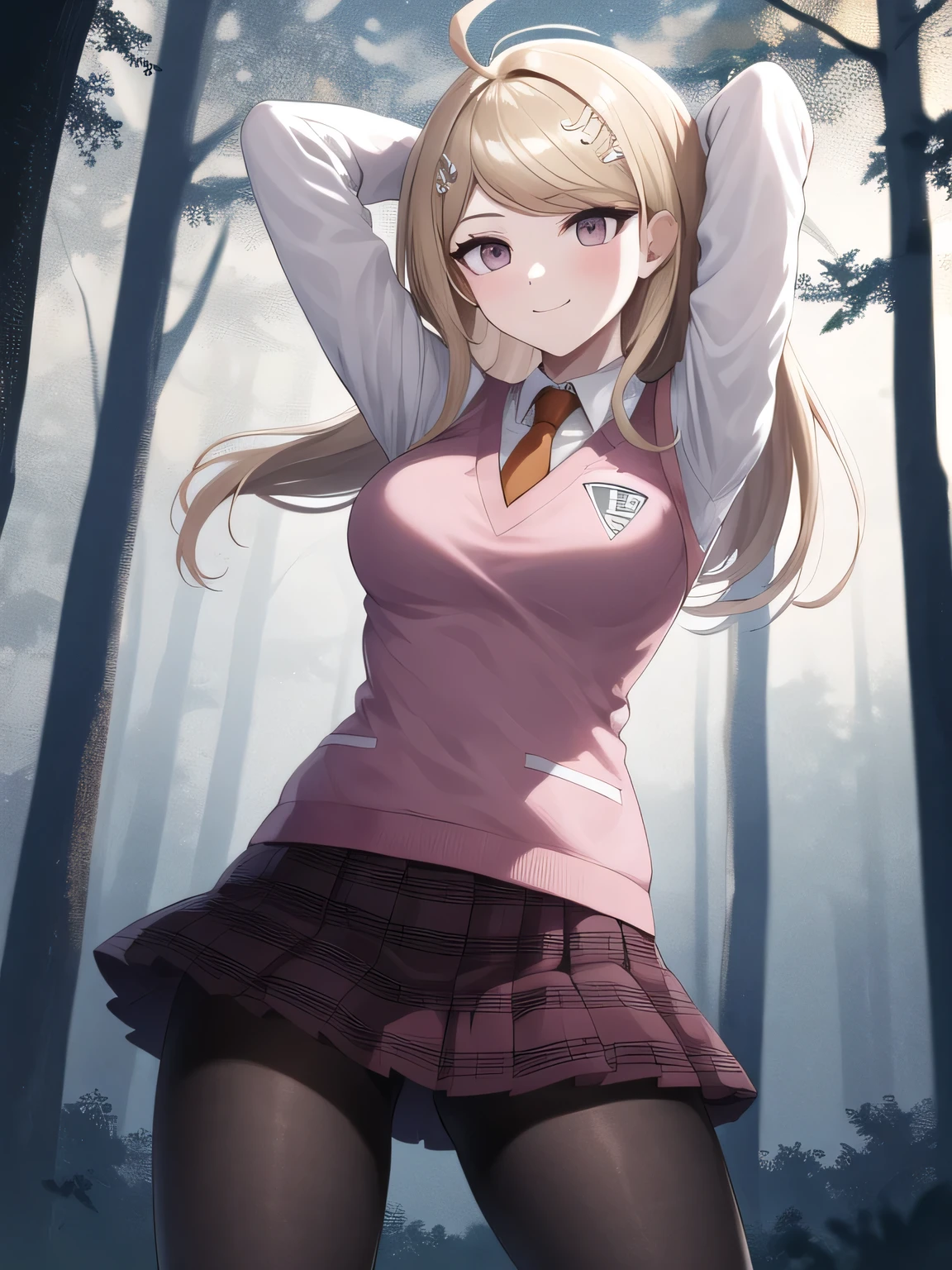 masterpiece, best quality, highres, aakaede, long hair, ahoge, hair ornament, breasts, , necktie, pink vest, sweater vest, collared shirt, long sleeves, pleated skirt, purple skirt, print skirt, pantyhose, closed mouth, solo, upper body, night sky, forest, arms behind head, contrapposto, spread armpits, smile, high quality, in the center, high quality,