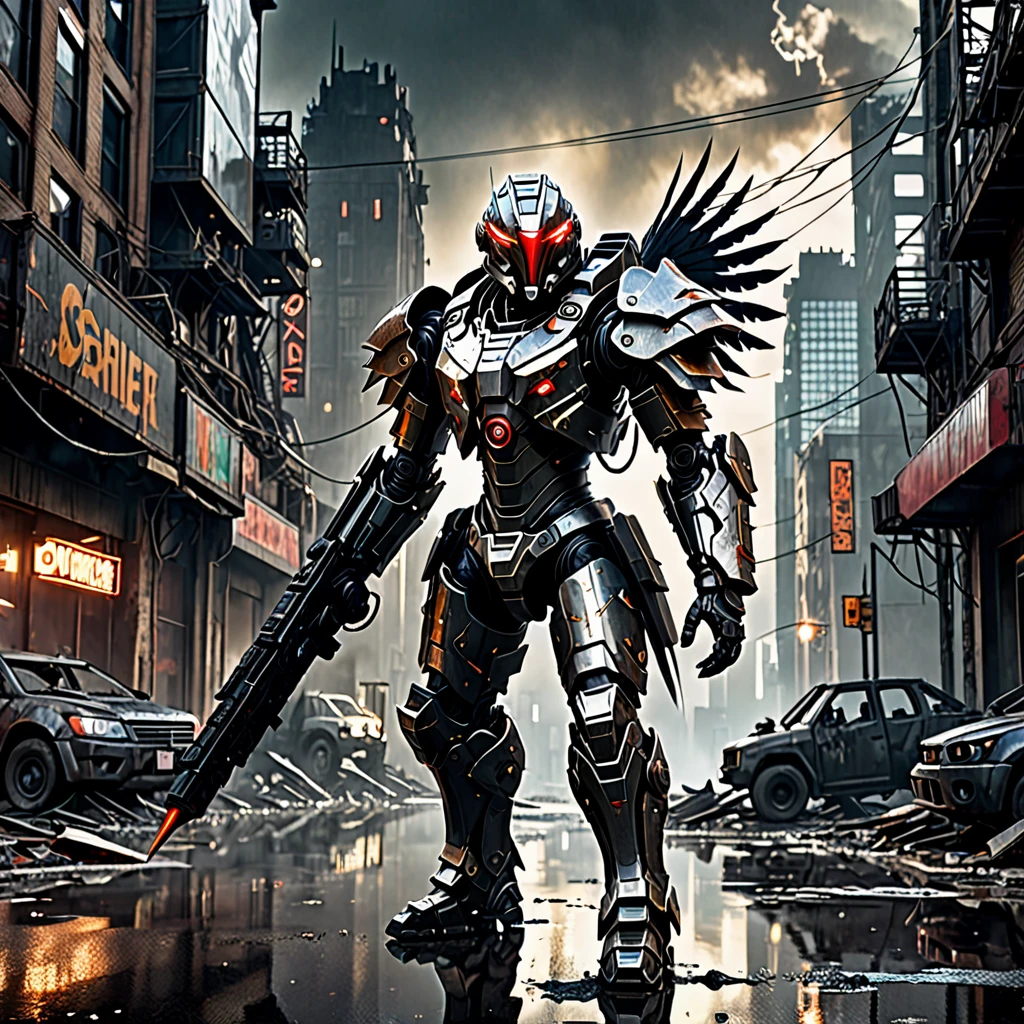 (highres:1.2),detailed battle cyborg,strides through ruined city with Crow theming,incredible attention to detail,metallic armor with intricate designs,glowing red eyes,feathers and wings on the back,sinister atmosphere,dark and desolate streets,destroyed skyscrapers in the background,mysterious fog,ominous shadows,contrast of vibrant city lights with the dystopian setting,post-apocalyptic ambiance,gritty and gritty textures,high-tech weapons and gadgets,mechanical limbs,sparks of electricity,fine reflection and shine on the armor,sharp and dramatic lighting effects,slightly desaturated color palette,expressive pose and dynamic movement,ominous clouds hanging in the sky.